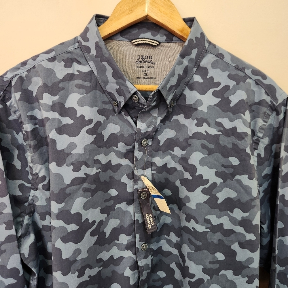 NWT Izod Saltwater Shirt Men's XL Blue Camouflage Untucked Long Sleeve Stretch - Picture 2 of 12